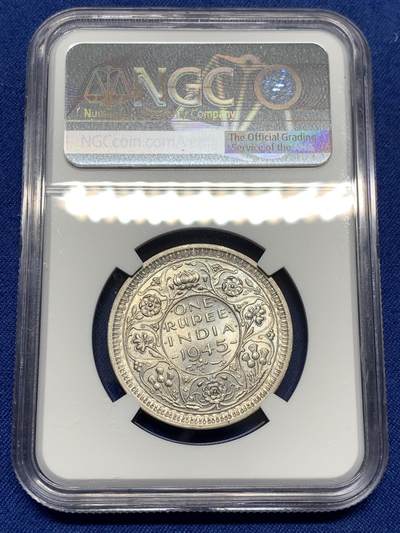 《竞宝斋》第484场 周日，周一，周二 3场连拍 （全场包邮）20级店铺 欢迎送拍 NGC MS63 英属印度1945-L一卢比银币，拉合尔厂少见，不是常见的B或C厂