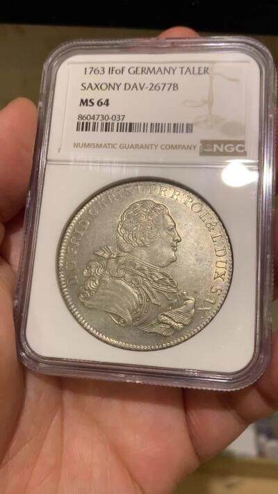 《竞宝斋》第484场 周日，周一，周二 3场连拍 （全场包邮）20级店铺 欢迎送拍 亚军分 NGC MS64 德国 1763年 萨克森选帝侯 克里斯蒂安 戎装像 1泰勒大银币 更高分仅一枚