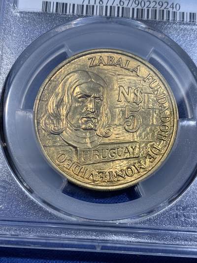 《竞宝斋》第484场 周日，周一，周二 3场连拍 （全场包邮）20级店铺 欢迎送拍 PCGS MS67 乌拉圭1976年蒙得维的亚250周年纪念5比索铜币 车轮光状态漂亮高分！亚军分！更高分仅1枚！