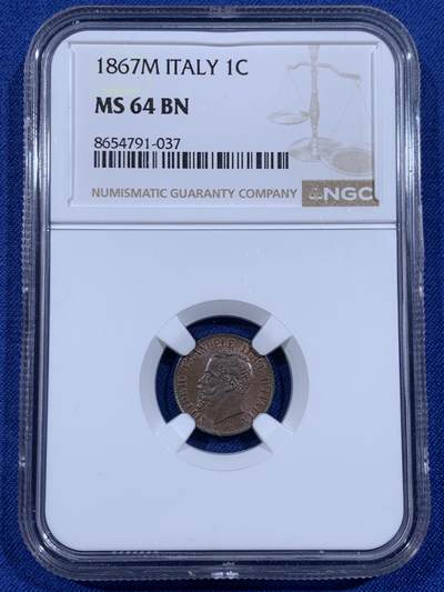 《竞宝斋》第484场 周日，周一，周二 3场连拍 （全场包邮）20级店铺 欢迎送拍 NGC MS64BN 意大利1867年1分铜币