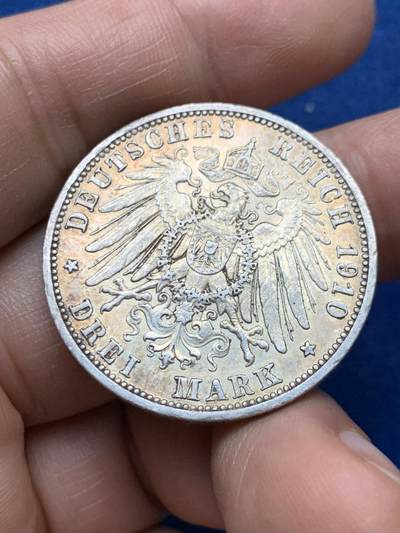 《竞宝斋》第484场 周日，周一，周二 3场连拍 （全场包邮）20级店铺 欢迎送拍 德国普鲁士1910年威廉二世3马克银币 自然包浆