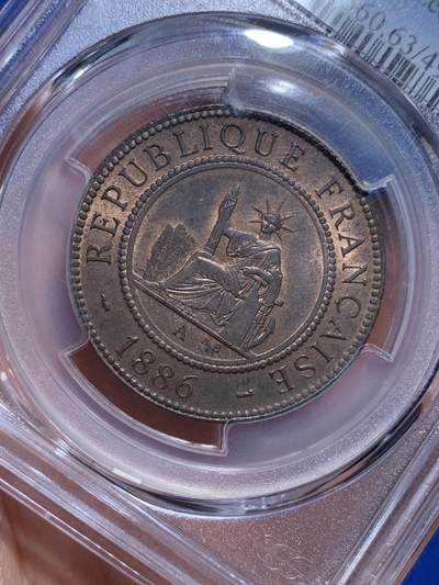 《竞宝斋》第484场 周日，周一，周二 3场连拍 （全场包邮）20级店铺 欢迎送拍 PCGS MS63RB 法属印支1886年百分之一铜币 季军分 通货常见MS高分确实少