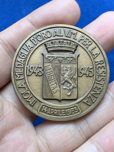 《竞宝斋》第484场 周日，周一，周二 3场连拍 （全场包邮）20级店铺 欢迎送拍 意大利伊莫拉市抵抗运动纪念章 36克 45.1mm 双面高浮雕