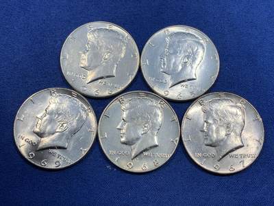 《竞宝斋》第484场 周日，周一，周二 3场连拍 （全场包邮）20级店铺 欢迎送拍 五枚一组 美国1965-1969年肯尼迪半美元银币 五个年份