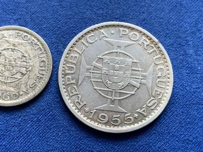 《竞宝斋》第484场 周日，周一，周二 3场连拍 （全场包邮）20级店铺 欢迎送拍 两枚一组 葡属殖民地银币 含1955年葡属安哥拉20埃斯库多（720银 10克）和1960年葡属莫桑比克5埃斯库多（650银 3.9克），含纯银9.8克