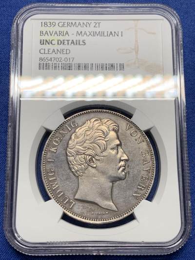 《竞宝斋》第484场 周日，周一，周二 3场连拍 （全场包邮）20级店铺 欢迎送拍 NGC UNCD 德国1839年巴伐利亚路德维希一世选帝侯纪念2泰勒银币 UNC性价比之选 底板细节都非常好
