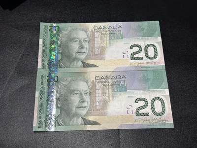 《外钞收藏家》第六百三十一期（五一假期场）（长期征集拍品、欢迎藏友们联系合作） 加拿大旅版20加元 2个签名 2张一起 全新UNC