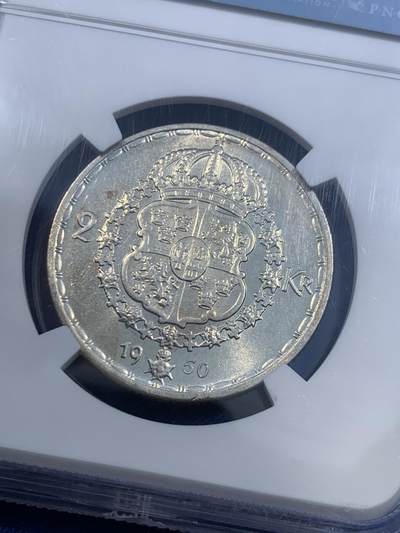 《竞宝斋》第484场 周日，周一，周二 3场连拍 （全场包邮）20级店铺 欢迎送拍 NGC MS64 瑞典 1950年 古斯塔夫五世国王 2克朗 银币