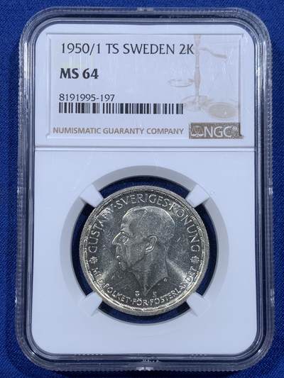 《竞宝斋》第484场 周日，周一，周二 3场连拍 （全场包邮）20级店铺 欢迎送拍 NGC MS64 瑞典 1950年 古斯塔夫五世国王 2克朗 银币