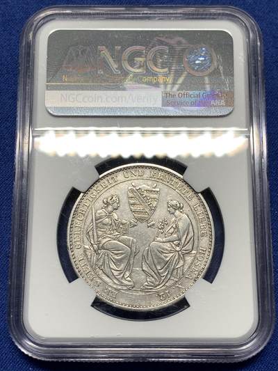 《竞宝斋》第484场 周日，周一，周二 3场连拍 （全场包邮）20级店铺 欢迎送拍 NGC AU50 德国1854年萨克森奥古斯特二世逝世纪念1泰勒银币