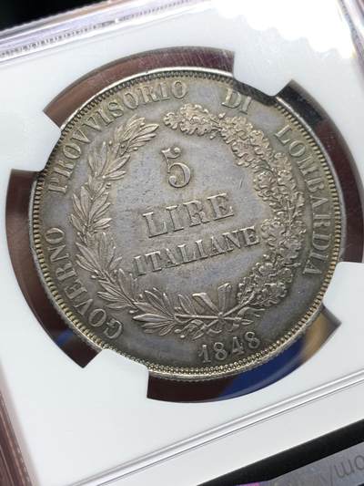 《竞宝斋》第484场 周日，周一，周二 3场连拍 （全场包邮）20级店铺 欢迎送拍 NGC MS61 意大利伦巴第威尼斯革命临时政府1848年5里拉大银币，超级漂亮的深彩包浆，出分非常不易 值得入藏