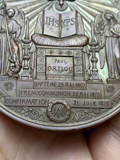 《竞宝斋》第484场 周日，周一，周二 3场连拍 （全场包邮）20级店铺 欢迎送拍 法国圣餐洗礼大铜章 146.5克 68.8mm 蜜蜂铜标