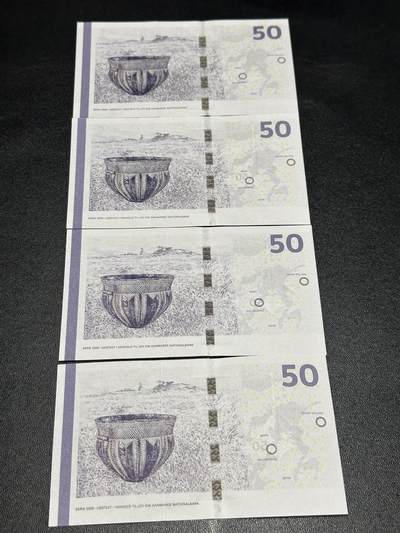 《外钞收藏家》第六百三十一期（五一假期场）（长期征集拍品、欢迎藏友们联系合作） 丹麦桥版50克朗 四个签名 全新UNC