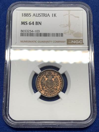《竞宝斋》第484场 周日，周一，周二 3场连拍 （全场包邮）20级店铺 欢迎送拍 NGC MS64BN 奥地利1885年一克鲁泽铜币，底板丝滑，状态不错，上个月第468次拍卖一枚63RB不含佣金320元成交