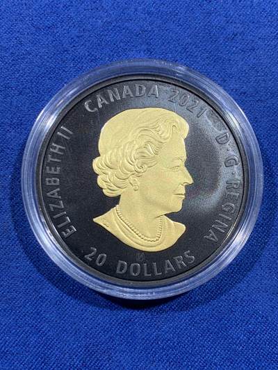 《竞宝斋》第484场 周日，周一，周二 3场连拍 （全场包邮）20级店铺 欢迎送拍 获奖币 加拿大2021年黑和金系列-灰狼20元部分镀金精制银币 1盎司 999银 发行量4500枚 盒证全