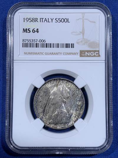 《竞宝斋》第484场 周日，周一，周二 3场连拍 （全场包邮）20级店铺 欢迎送拍 NGC MS64 意大利1958年500里拉银币，该版500里拉首年份，经典人妻帆船设计，代表事业与爱情。