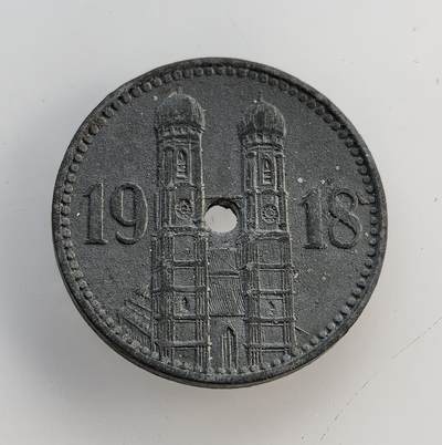 外国优质老铜币纪念币银币专场，周六晚上九点倒数截拍，满百包邮，节前出差在外，5月3日统一发货,可寄存半年，喜欢朋友微信扫描二维码可直接参拍 德国慕尼黑 1918年15 芬尼紧急代用币，以圣母教堂为图案，一战后期金属短缺，地方发行此类代币以维持小额流通。