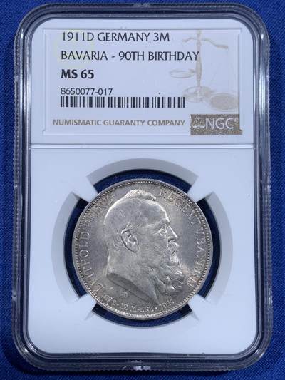 《竞宝斋》第484场 周日，周一，周二 3场连拍 （全场包邮）20级店铺 欢迎送拍 NGC MS65 德国巴伐利亚1911年柳特波德大公90岁寿辰纪念银币 转光明显