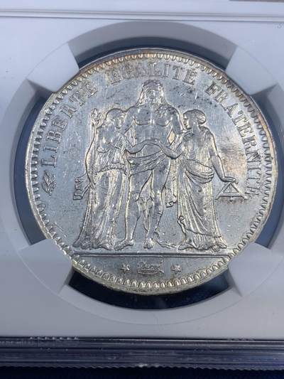 《竞宝斋》第484场 周日，周一，周二 3场连拍 （全场包邮）20级店铺 欢迎送拍 NGC UNCD 法国 1876年 A 大力神 5法郎银币