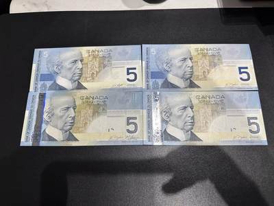 《外钞收藏家》第六百三十一期（五一假期场）（长期征集拍品、欢迎藏友们联系合作） 加拿大旅版5加元 2个签名 初版和再版 四张一起 全新UNC