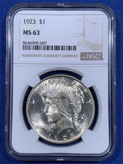 《竞宝斋》第484场 周日，周一，周二 3场连拍 （全场包邮）20级店铺 欢迎送拍 NGC MS63 美国1923年和平银元P版，银光闪闪，转光强烈细节优秀。