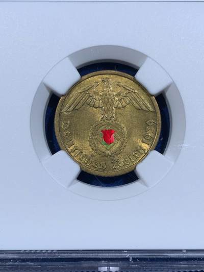 《竞宝斋》第484场 周日，周一，周二 3场连拍 （全场包邮）20级店铺 欢迎送拍 NGC MS63 德国1939F十芬尼黄铜币，十芬尼是这套非银的最大面值，状态很好，较少见一点的年份厂别