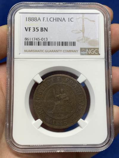 《竞宝斋》第484场 周日，周一，周二 3场连拍 （全场包邮）20级店铺 欢迎送拍 NGC VF35BN 法属印支殖民地1888年1分铜币，特殊年份，少见带中文汉字的外国铜币