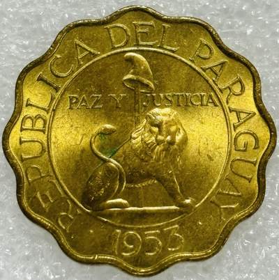 文馨钱币收藏第 302 场，国外回流老铜币，中东阿拉伯地区，拉美等国货币，30 号 1 号二连拍，长期接代拍业务，预计 4 月 4-5 号发货 原铜光好品 1953 年巴拉圭自由帽狮子王 25 分铜币