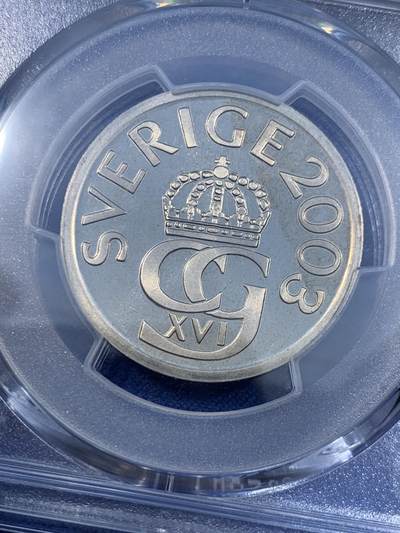 《竞宝斋》第484场 周日，周一，周二 3场连拍 （全场包邮）20级店铺 欢迎送拍 PCGS MS67 瑞典2003年5克朗类精制币，唯一的冠军分！