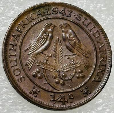 文馨钱币收藏第 302 场，国外回流老铜币，中东阿拉伯地区，拉美等国货币，30 号 1 号二连拍，长期接代拍业务，预计 4 月 4-5 号发货 少见极美品 1943 年英属南非乔治六世 1/4 便士铜币