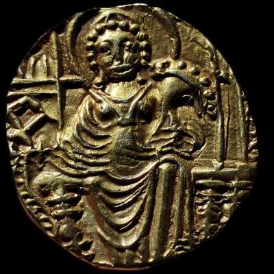 星盘世界钱币 5.2年度精品币大拍 一周年抽奖活动 典藏精品!贵霜帝国 · 夏迦（Shaka，约公元325–345年）金币第纳尔 品相：未流通（MS）采用简化贵霜币制，铸地不详。 正面：巴克特里亚文铭文模糊不清