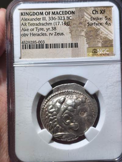 星盘世界钱币 5.2年度精品币大拍 一周年抽奖活动 - NGC ChXf！典藏精品！古希腊亚历山大四德拉克马银币，这枚是带有腓尼基文的板别，而且品相极美,ngc评级打制满分，表面四分