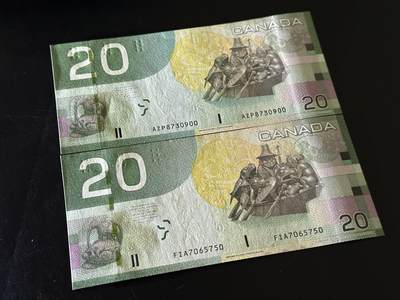 《外钞收藏家》第六百三十一期（五一假期场）（长期征集拍品、欢迎藏友们联系合作） 加拿大旅版20加元 2个签名 2张一起 全新UNC