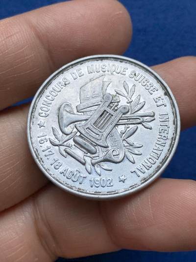 《竞宝斋》第484场 周日，周一，周二 3场连拍 （全场包邮）20级店铺 欢迎送拍 瑞士日内瓦1902年国际音乐比赛-景观铝质纪念章 5.25克 33.2mm