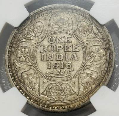 文馨钱币收藏第 303 场，【五一钱币荟，收藏盛宴】长期接代拍业务 NGC AUD1916 年英属印度乔治五世 1 卢比银币，黄油老包浆带淡淡彩纹，细节看图
