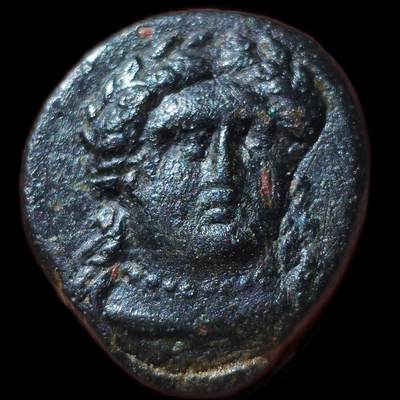 星盘世界钱币 5.2年度精品币大拍 一周年抽奖活动 艺术性强！稀有！古希腊 - 特洛亚斯 · 吉尔吉斯（Troas. Gergis）铜币，公元前350–300年；正面：西比尔女巫赫罗菲勒头像，近乎正面背面：斯芬克斯坐像向右