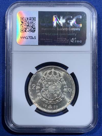 《竞宝斋》第484场 周日，周一，周二 3场连拍 （全场包邮）20级店铺 欢迎送拍 NGC MS64 瑞典 1950年 古斯塔夫五世国王 2克朗 银币