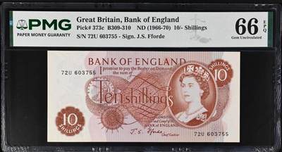 【炜奕收藏】，五月第一期 - 1966-1970年英国C序列10先令，PMG66分，号码无4