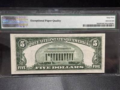 《外钞收藏家》第六百三十一期（五一假期场）（长期征集拍品、欢迎藏友们联系合作） 1934年美国 蓝库印 5美元 PMG64E