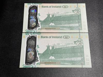 《外钞收藏家》第六百三十一期（五一假期场）（长期征集拍品、欢迎藏友们联系合作） 2017年爱尔兰20镑 塑料钞2张一起 全新UNC 都是无47靓号