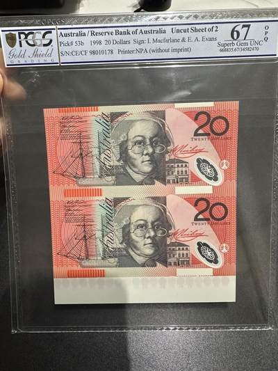 《外钞收藏家》第六百三十一期（五一假期场）（长期征集拍品、欢迎藏友们联系合作） - 1998年澳大利亚20元 2连体 PCGS评级67