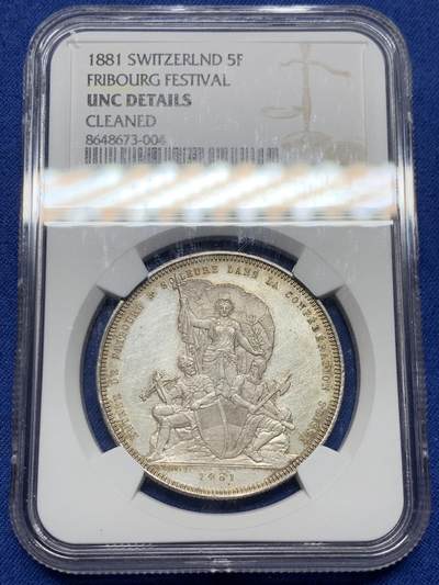 《竞宝斋》第484场 周日，周一，周二 3场连拍 （全场包邮）20级店铺 欢迎送拍 NGC UNC 瑞士1881年弗莱堡射击节5法郎大银币，景观刻画细致。