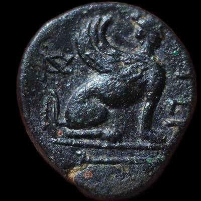 星盘世界钱币 5.2年度精品币大拍 一周年抽奖活动 艺术性强！稀有！古希腊 - 特洛亚斯 · 吉尔吉斯（Troas. Gergis）铜币，公元前350–300年；正面：西比尔女巫赫罗菲勒头像，近乎正面背面：斯芬克斯坐像向右