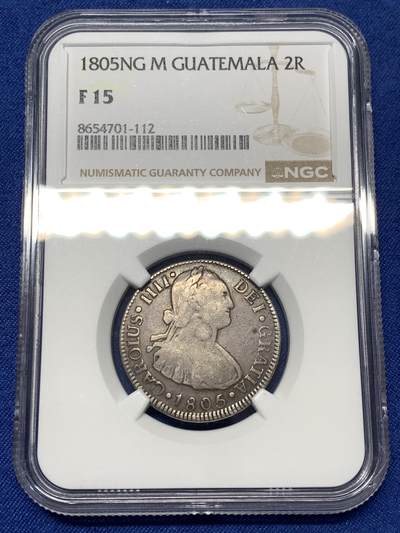 《竞宝斋》第484场 周日，周一，周二 3场连拍 （全场包邮）20级店铺 欢迎送拍 NGC F15 危地马拉1805年卡四2r双柱银币，辅币数量少的多，季军分，NGC出分仅3枚，很稀有，出分不易，包浆自然。