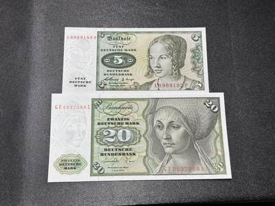 《外钞收藏家》第六百三十一期（五一假期场）（长期征集拍品、欢迎藏友们联系合作） 1960年西德5马克A冠 无47+77年20马克尾88 2张一起 全新UNC