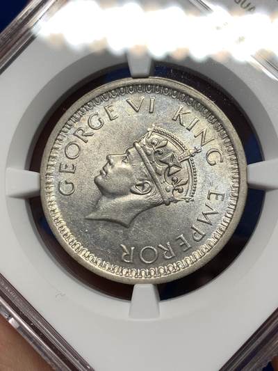 《竞宝斋》第484场 周日，周一，周二 3场连拍 （全场包邮）20级店铺 欢迎送拍 NGC MS63 英属印度1945-L一卢比银币，拉合尔厂少见，不是常见的B或C厂