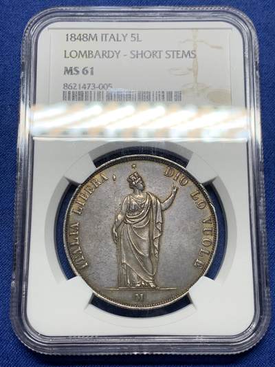《竞宝斋》第484场 周日，周一，周二 3场连拍 （全场包邮）20级店铺 欢迎送拍 NGC MS61 意大利伦巴第威尼斯革命临时政府1848年5里拉大银币，超级漂亮的深彩包浆，出分非常不易 值得入藏