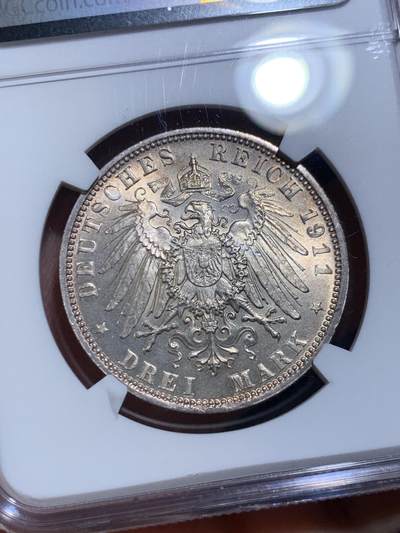 《竞宝斋》第484场 周日，周一，周二 3场连拍 （全场包邮）20级店铺 欢迎送拍 NGC MS65 德国巴伐利亚1911年柳特波德大公90岁寿辰纪念银币 转光明显