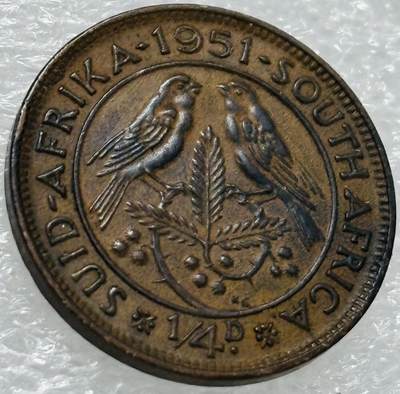 文馨钱币收藏第 302 场，国外回流老铜币，中东阿拉伯地区，拉美等国货币，30 号 1 号二连拍，长期接代拍业务，预计 4 月 4-5 号发货 少见好品 1951 年英属南非乔治六世 1/4 便士铜币，第三版首发年，只发行两年