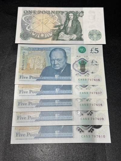 《外钞收藏家》第六百三十一期（五一假期场）（长期征集拍品、欢迎藏友们联系合作） 英国A序列1镑+查尔斯5镑5连号 全新UNC